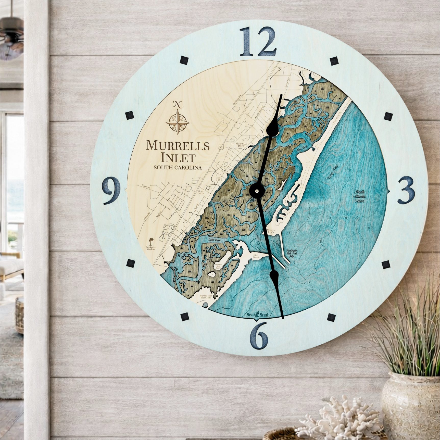 Murrells Inlet Clock Bleached Blue with Blue Green Water in use