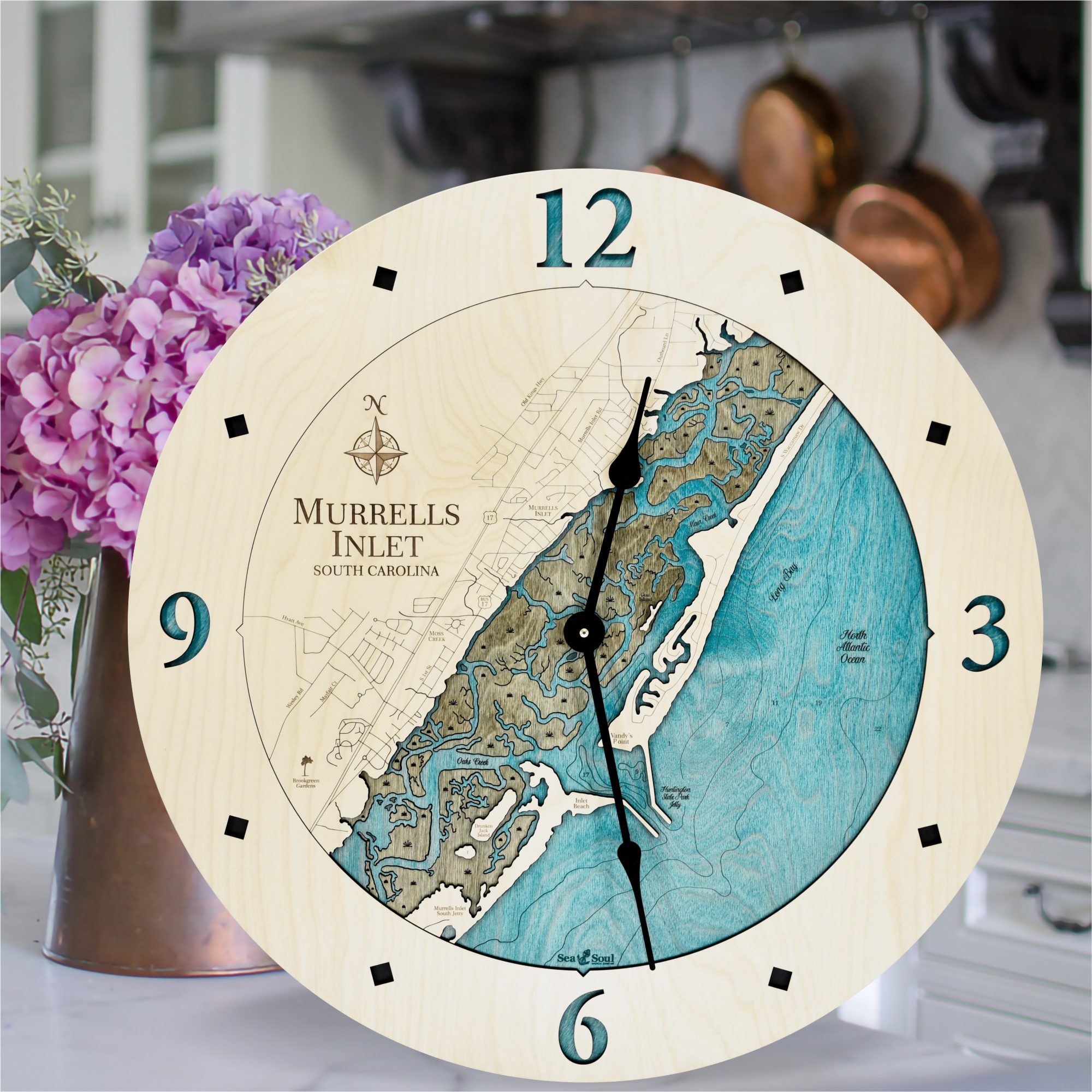 Murrells Inlet Clock All Birch with Blue Green Water in use