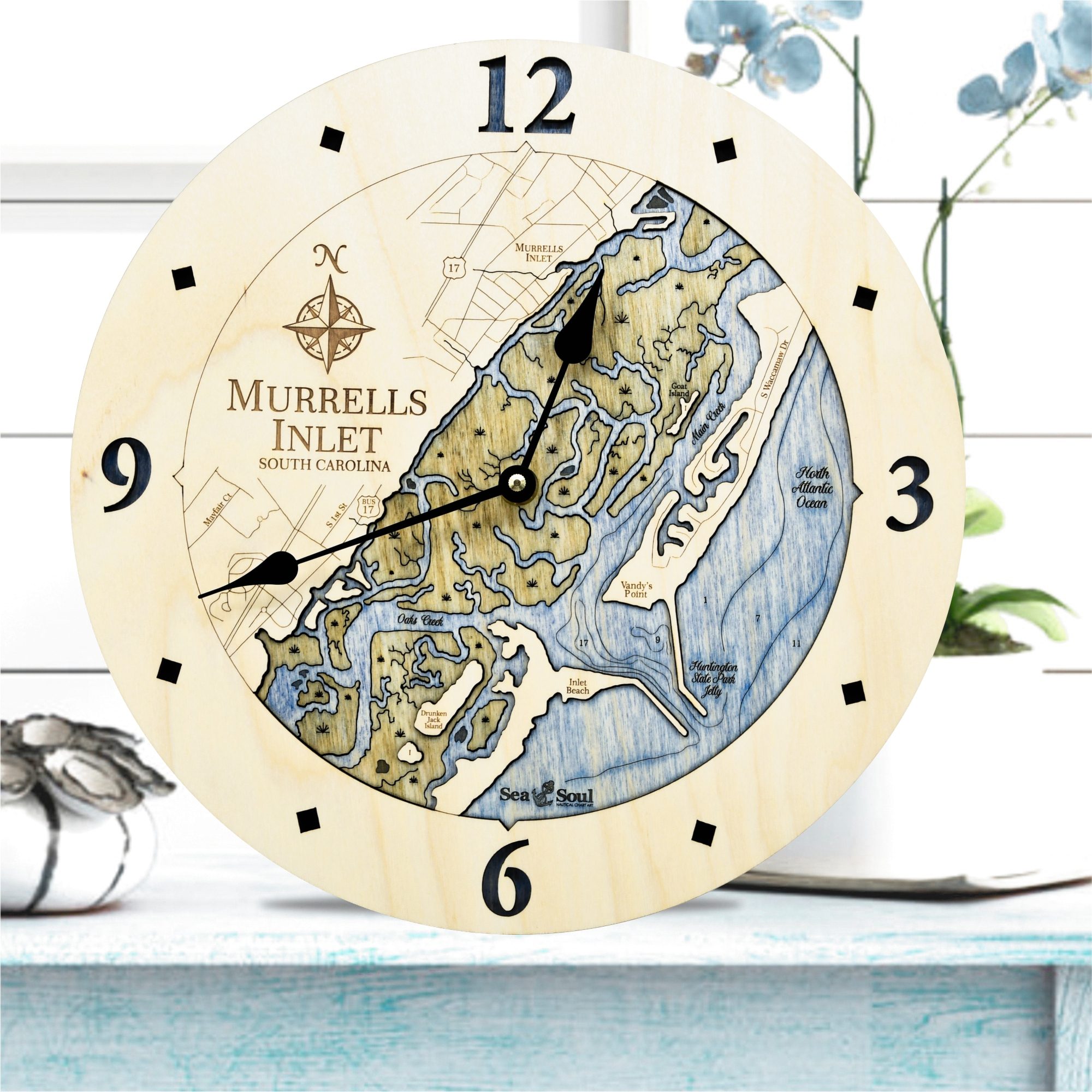 Murrells Inlet Clock All Birch with Deep Blue Water in use