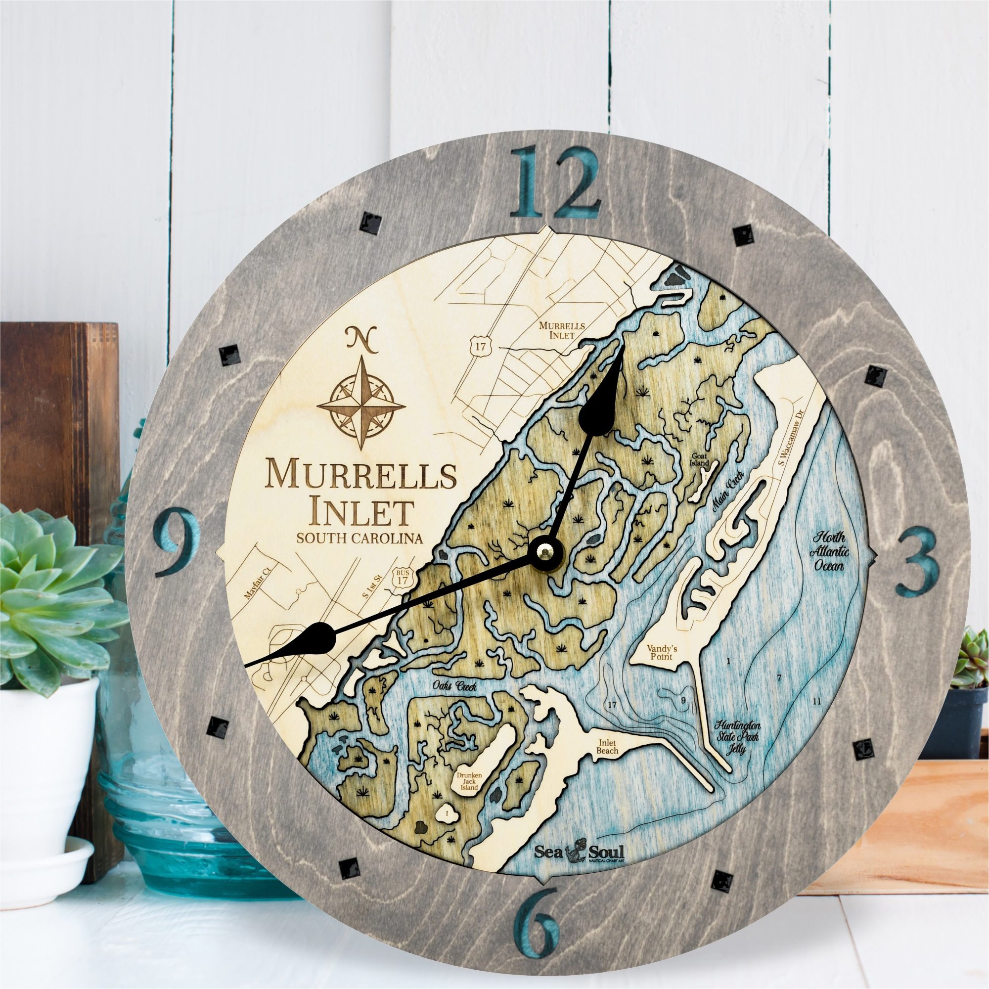 Murrells Inlet Clock Driftwood with Deep Blue Water in use