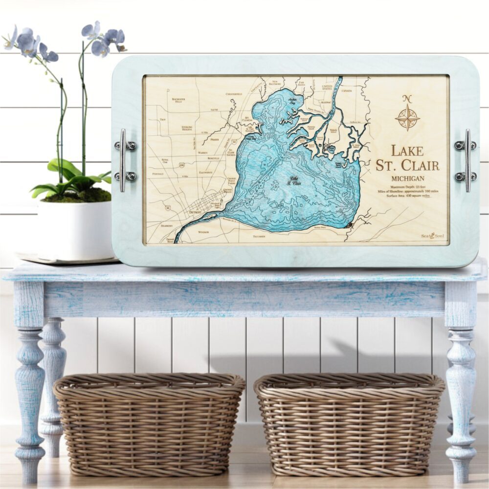 Lake St Clair Serving Tray in Bleached Blue with Blue Green Water in use