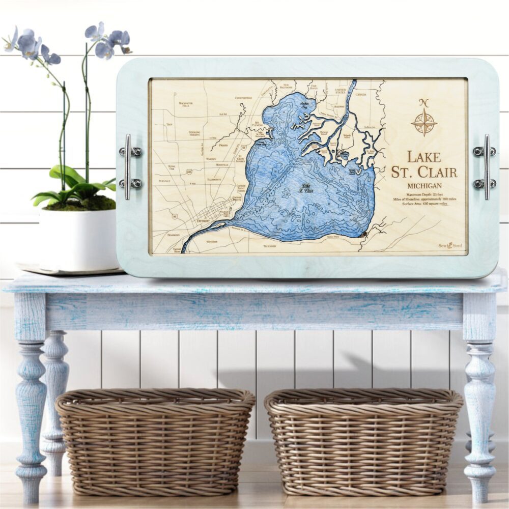 Lake St Clair Serving Tray in Bleached Blue with Deep Blue Water in use