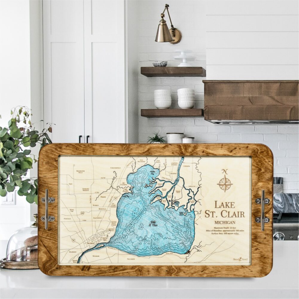 Lake St Clair Serving Tray in Coffee with Blue Green Water in use