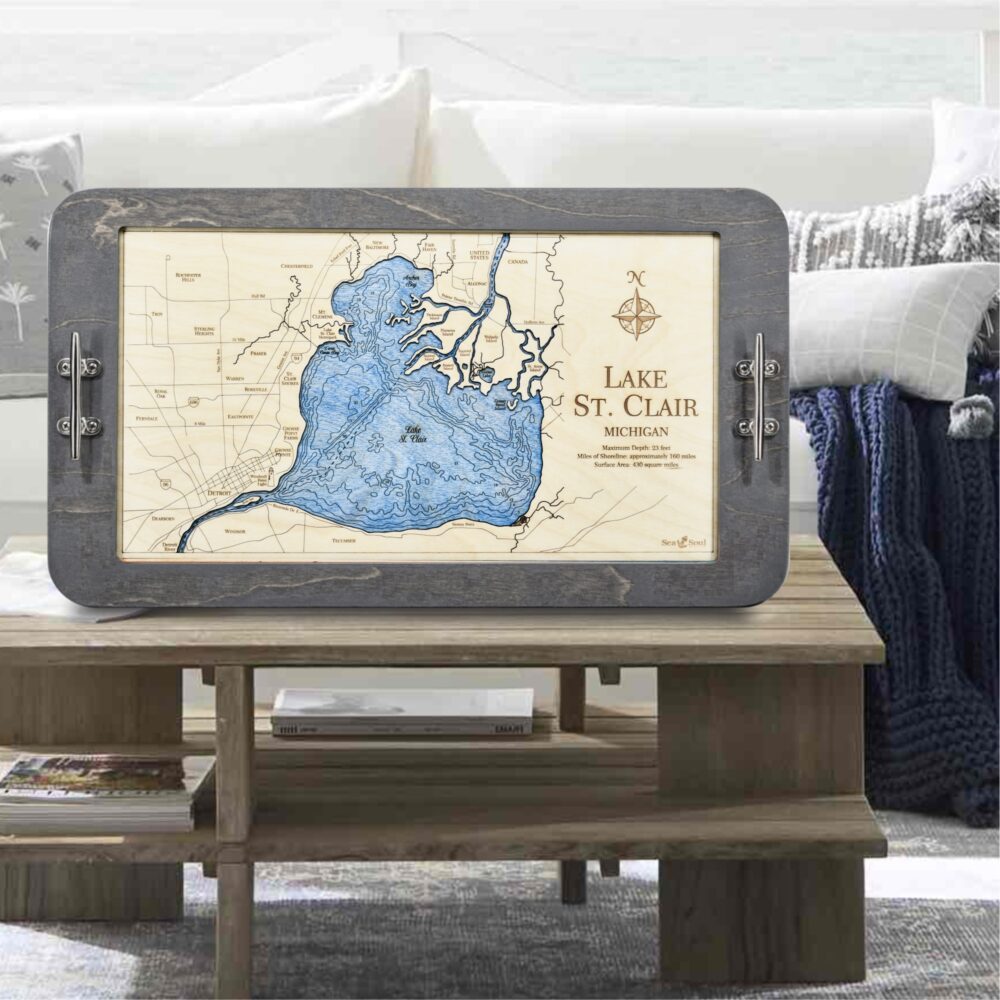 Lake St Clair Serving Tray in Driftwood with Deep Blue Water in use