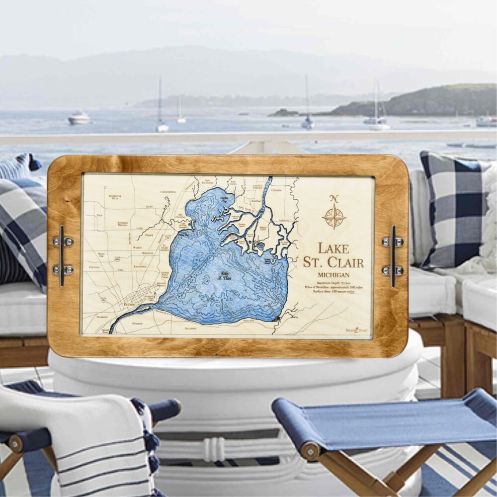 Lake St Clair Serving Tray in Honey with Deep Blue Water in use
