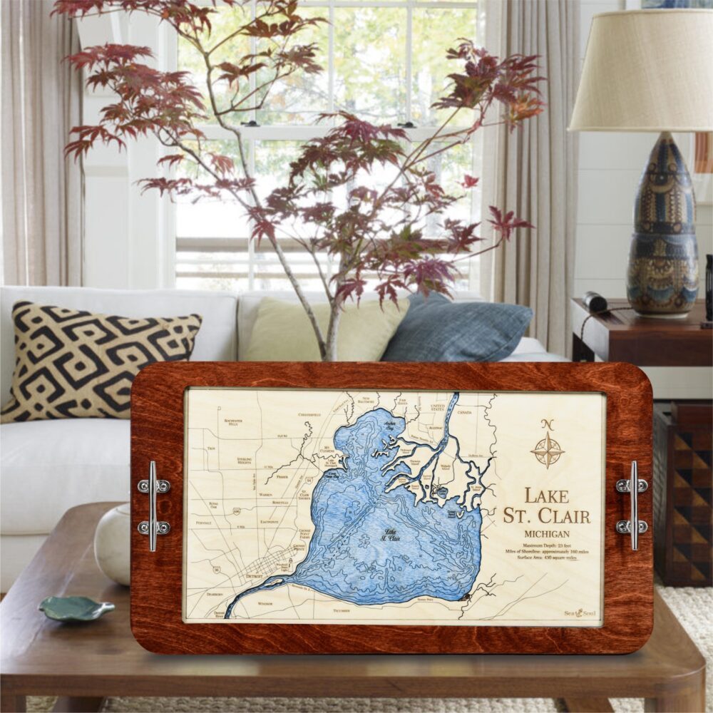 Lake St Clair Serving Tray in Mahogany with Deep Blue Water in use