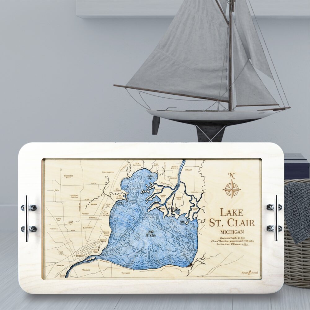 Lake St Clair Serving Tray in Coastal White with Deep Blue Water in use