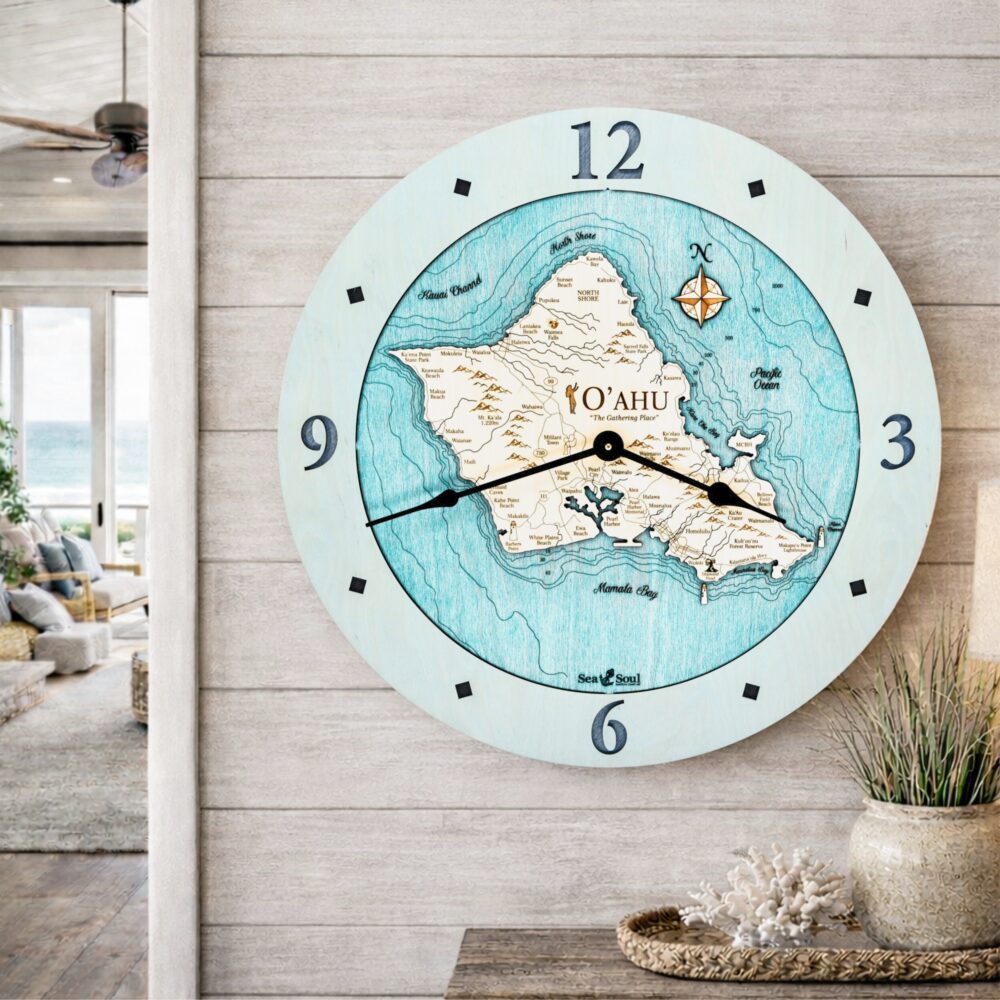 Oahu Wall Clock with bleached blue with blue green water