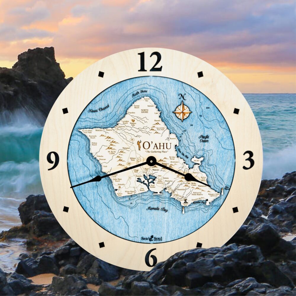 Oahu Wall Clock with birch with deep blue Water