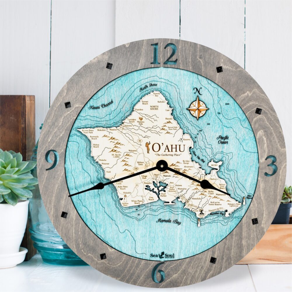 Oahu Wall Clock with driftwood with blue green water