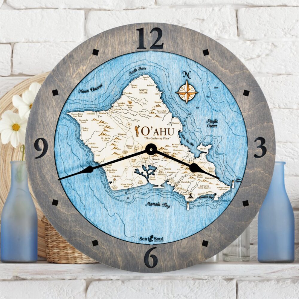 Oahu Wall Clock with driftwood with deep blue Water