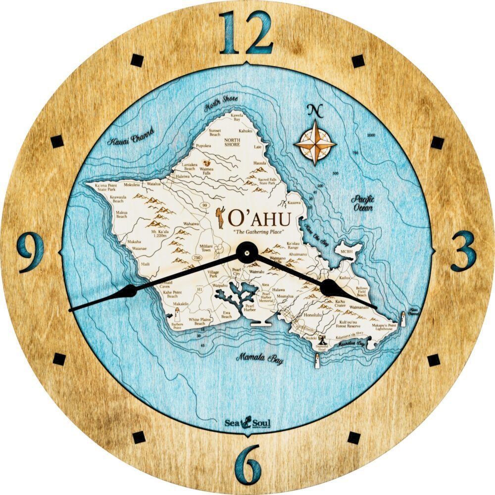 Oahu Wall Clock with honey with blue green water