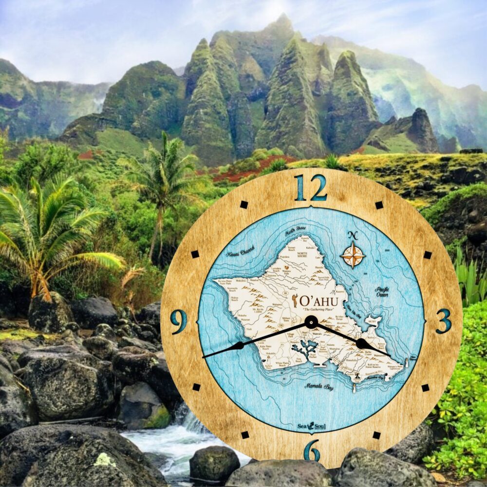 Oahu Wall Clock with honey with blue green water in use