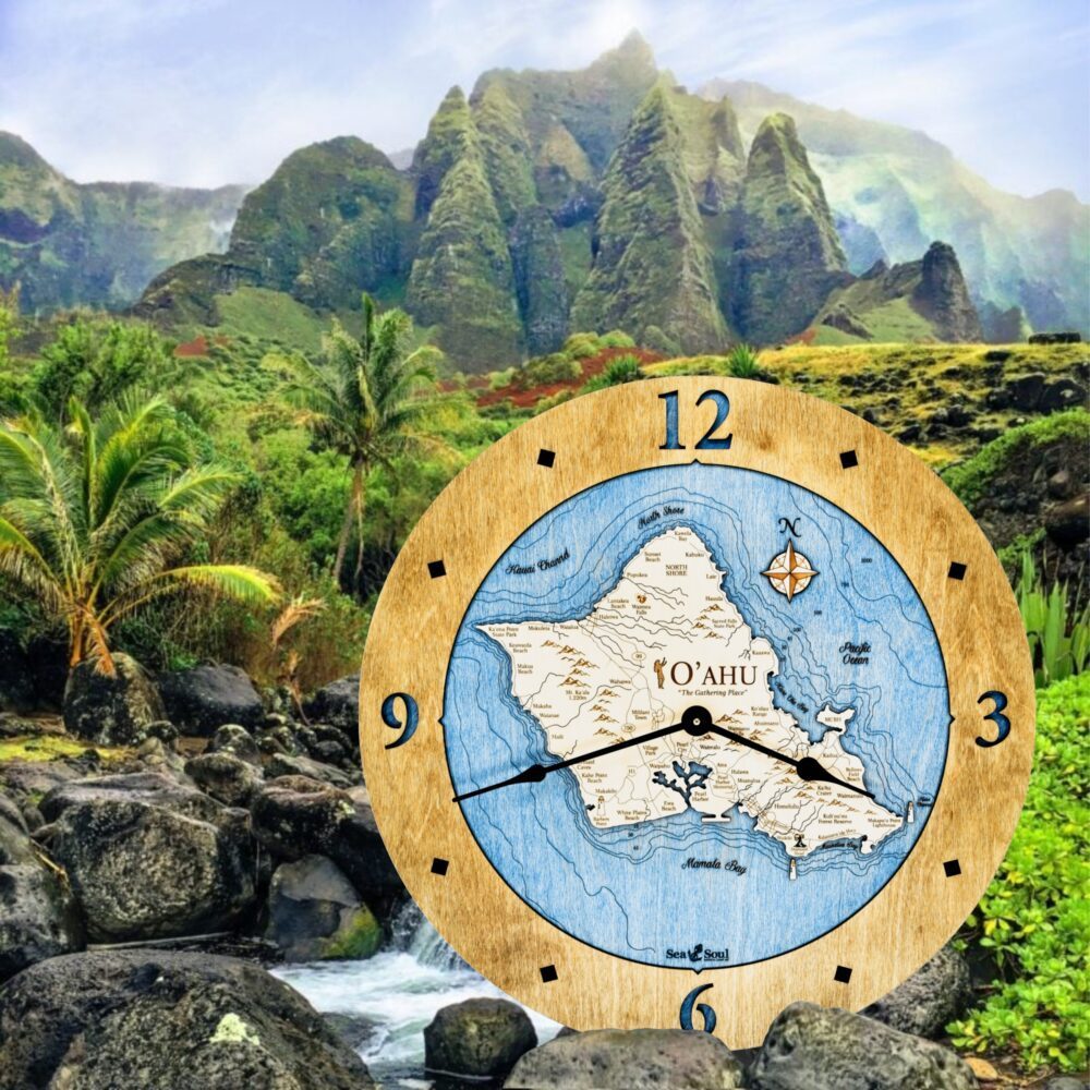 Oahu Wall Clock with honey with deep blue Water