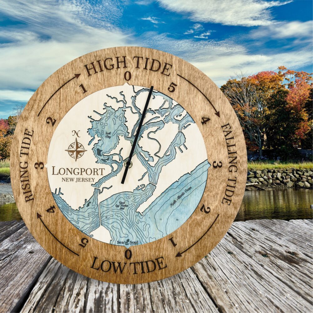 Longport New Jersey Tide Clock in Americana with Blue Green Water in use.