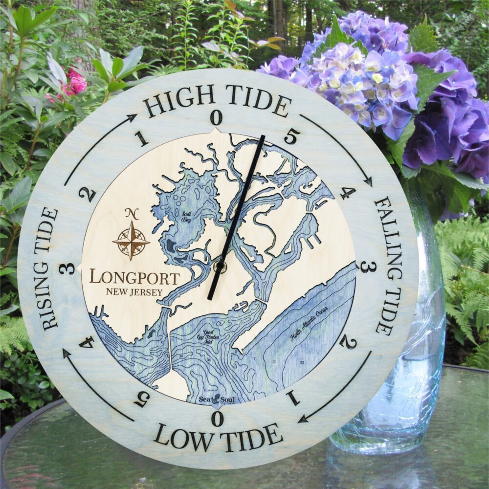 Longport New Jersey Tide Clock in Bleached Blue with Deep Blue Water in use.