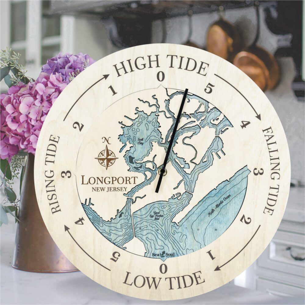 Longport New Jersey Tide Clock in all Birch with Blue Green Water in use.
