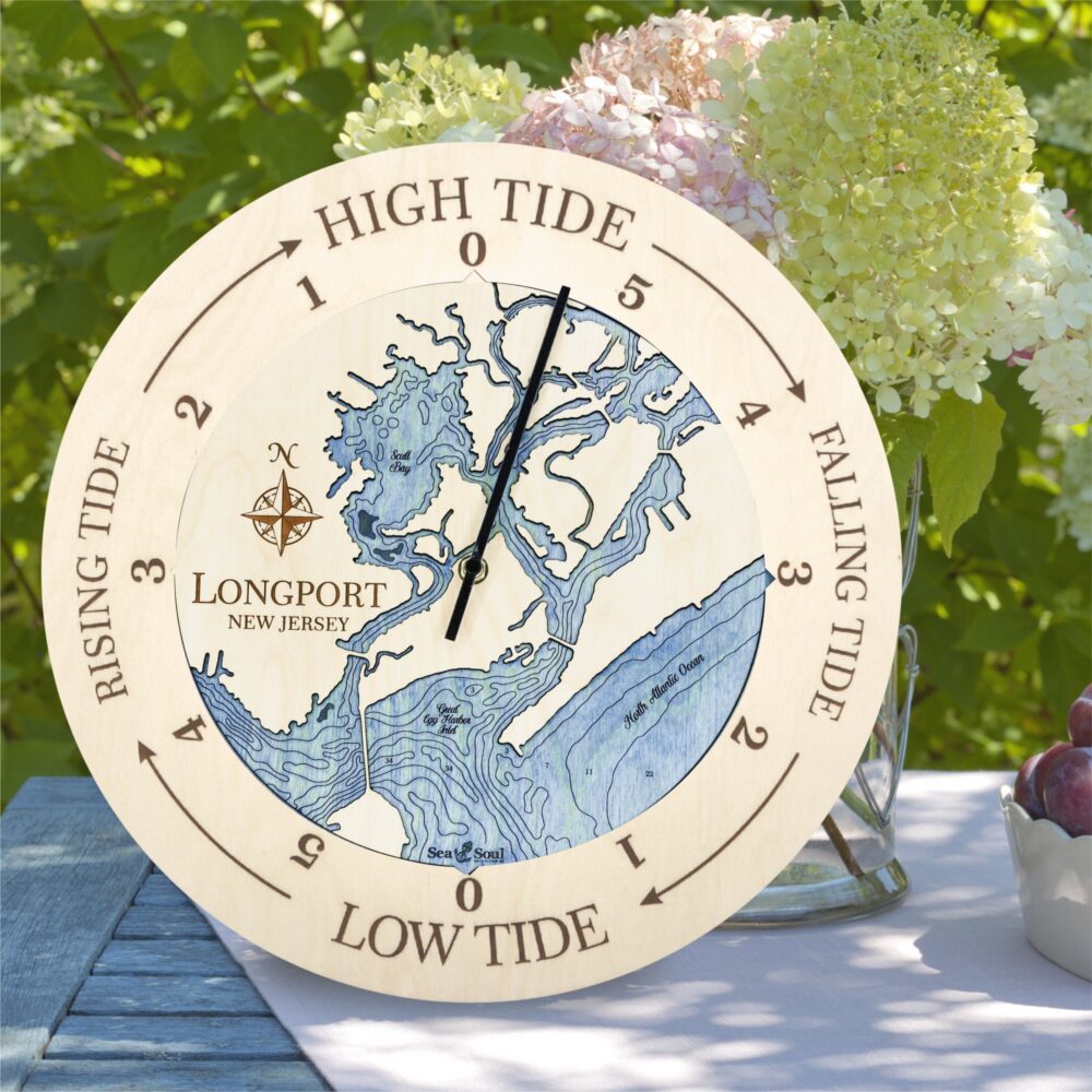 Longport New Jersey Tide Clock in all Birch with Deep Blue Water in use.