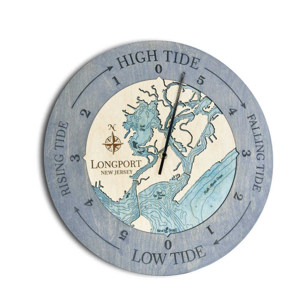 Longport New Jersey Tide Clock in Driftwood with Blue Green Water angle