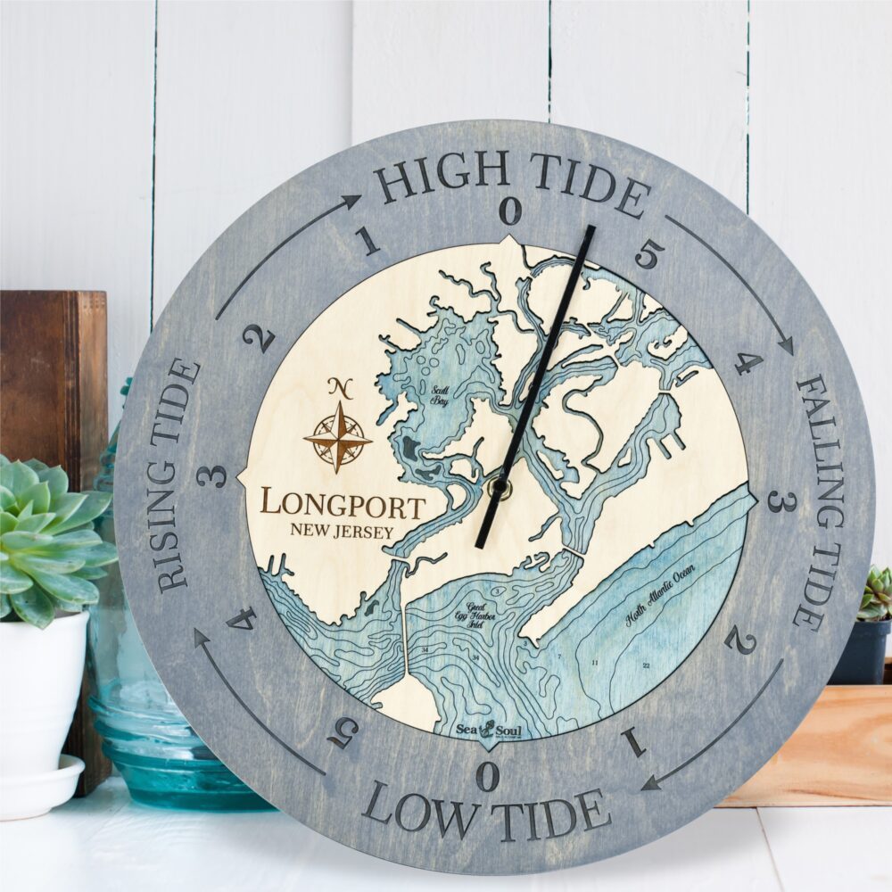 Longport New Jersey Tide Clock in Driftwood with Blue Green Water in use.
