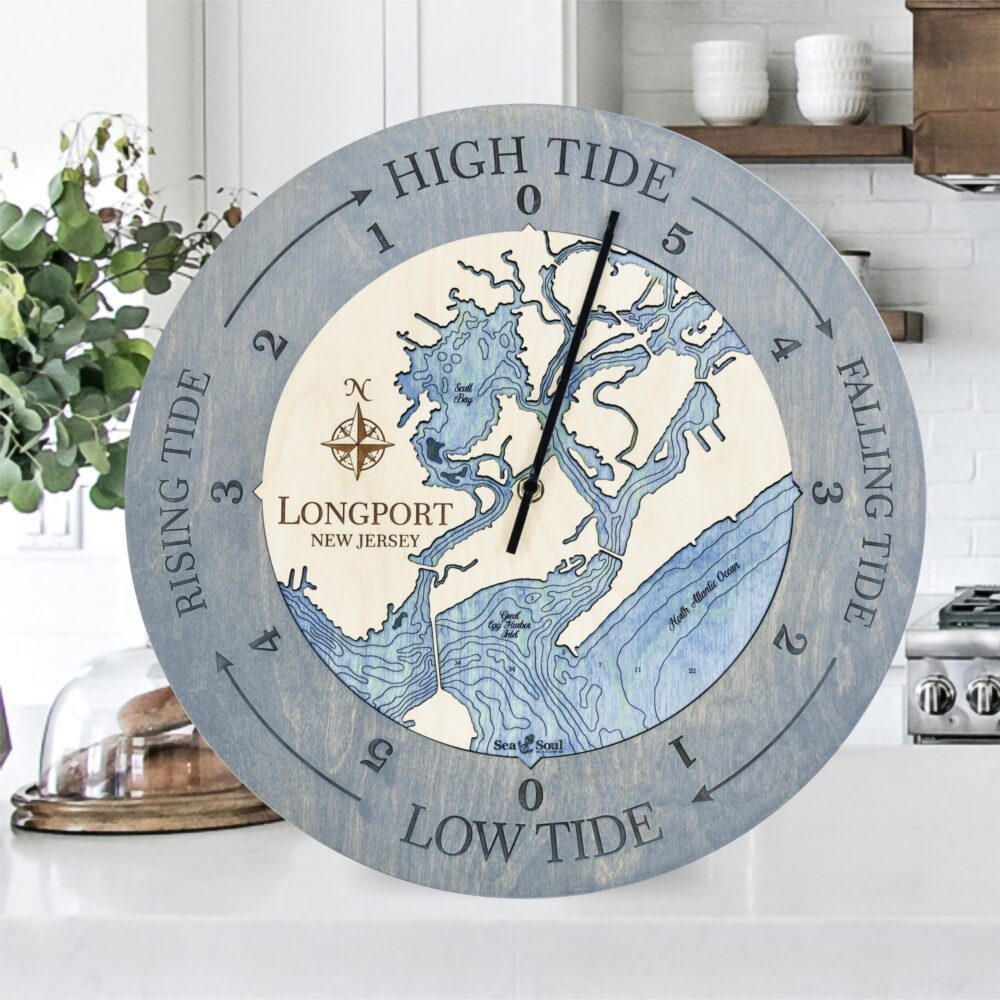 Longport New Jersey Tide Clock in Driftwood with Deep Blue Water in use.