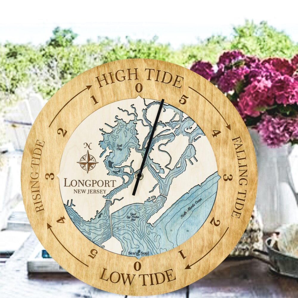 Longport New Jersey Tide Clock in Golden Honey with Blue Green Water in use.