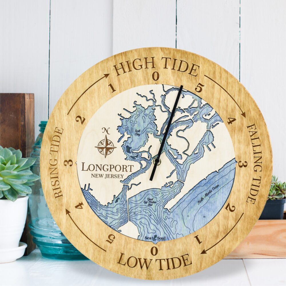 Longport New Jersey Tide Clock in Golden Honey with Deep Blue Water in use.